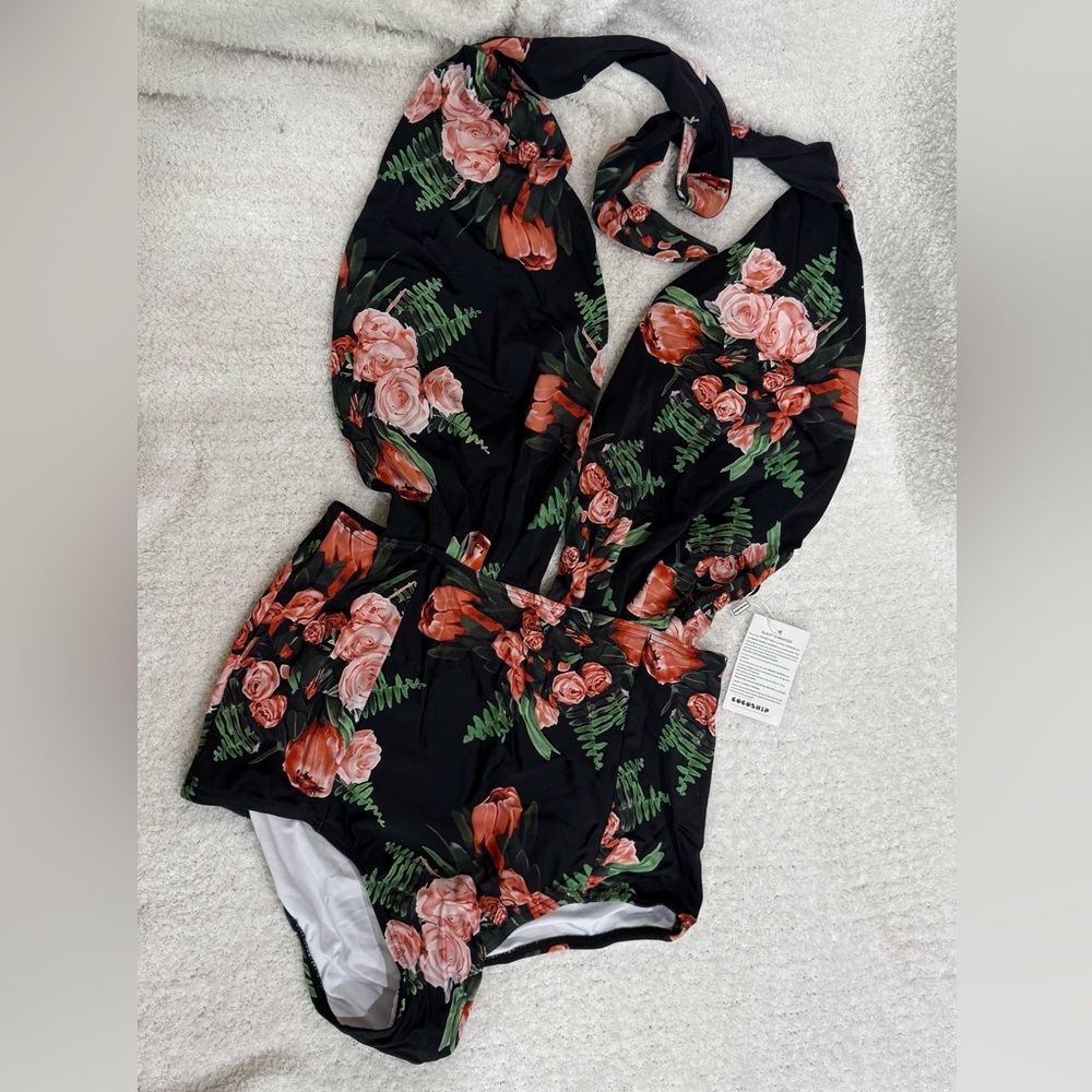 Cocoship Retro Black and Pink Floral Swimsuit NWT XL